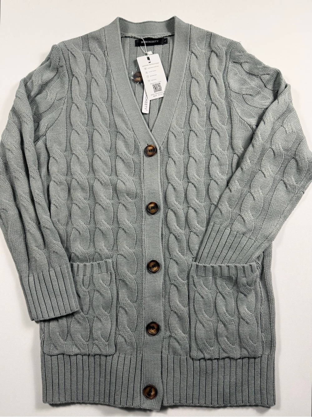 MEROKEETY Gray Cable Knit Grandpa Cardigan Sweater NWT L Pockets Fisherman Knit - Picture 7 of 9